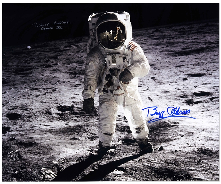 Michael Collins & Buzz Aldrin Signed 20'' x 16'' Photo of the First Lunar Landing -- With Novaspace COAs